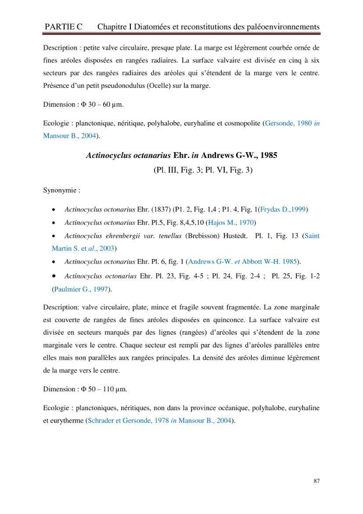 Identification, caractérisation et applications des diatomées fossiles de la région de Mostaganem: