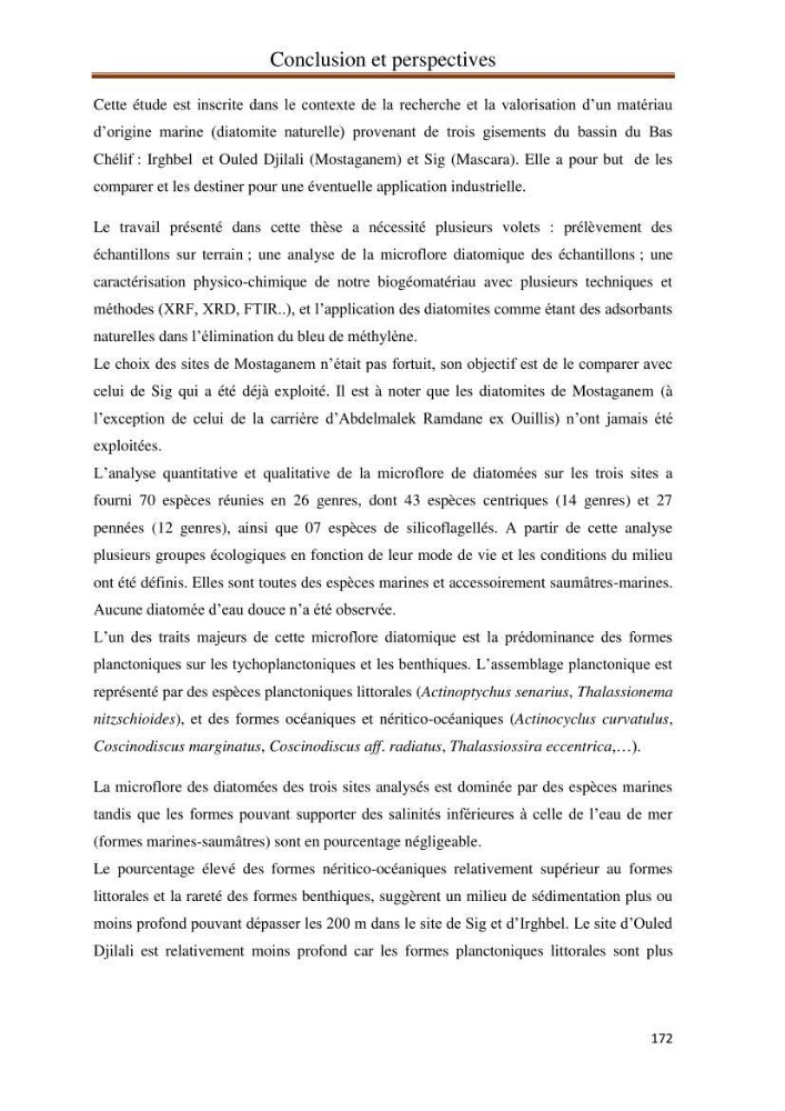 Identification, caractérisation et applications des diatomées fossiles de la région de Mostaganem: