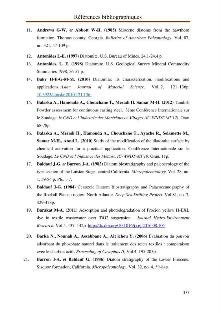 Identification, caractérisation et applications des diatomées fossiles de la région de Mostaganem: