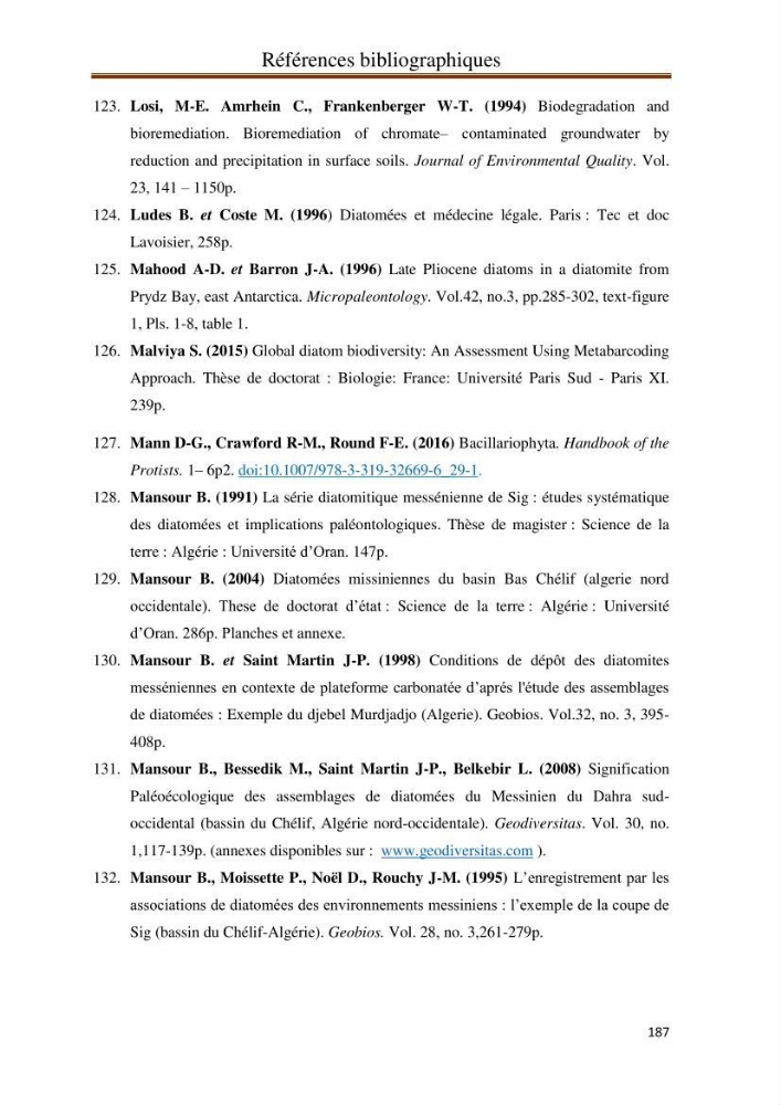 Identification, caractérisation et applications des diatomées fossiles de la région de Mostaganem: