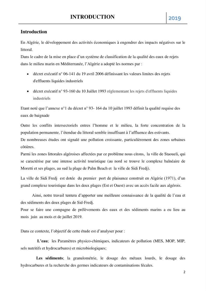 Etude des paramètres d’évaluation des matrices eau et sédiments des plages Est et Ouest de Sidi-Fredj