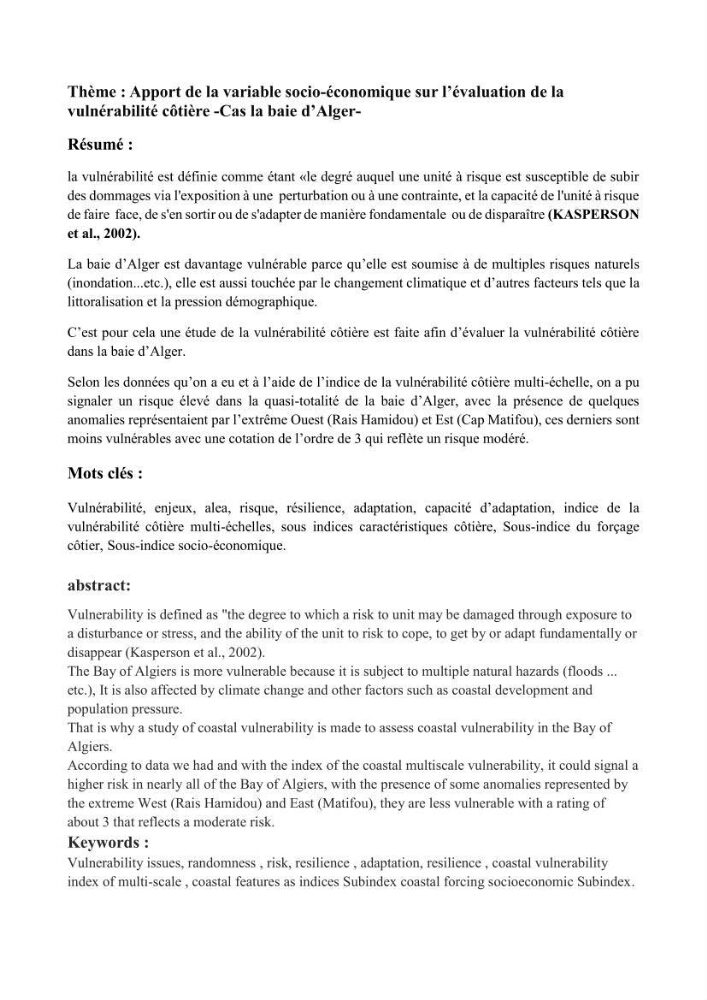 Apport de la variable socio-économique sur l\'évaluation de la vullnérabilité côtière
