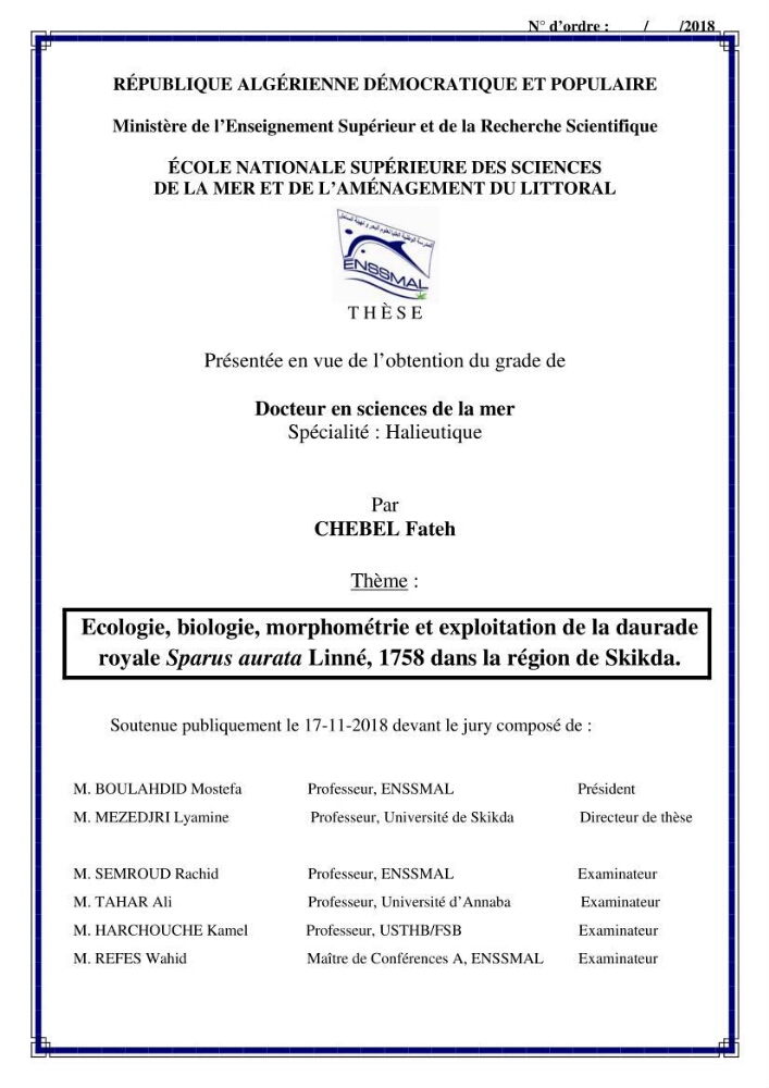 Ecologie, biologie, morphométrie et exploitation de la daurade royale Sparus aurata Linné, 1758 dans la région de SKIKDA.