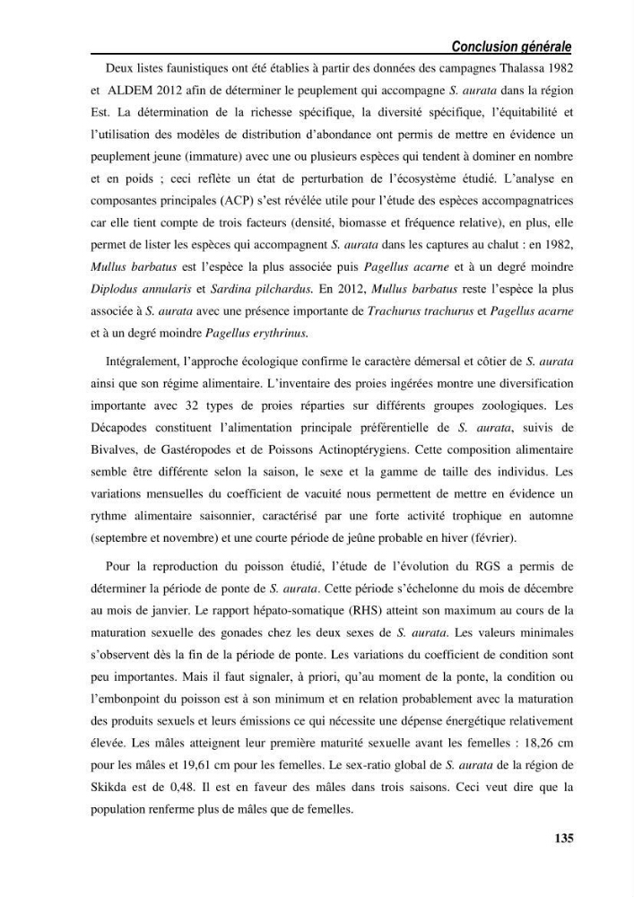 Ecologie, biologie, morphométrie et exploitation de la daurade royale Sparus aurata Linné, 1758 dans la région de SKIKDA.