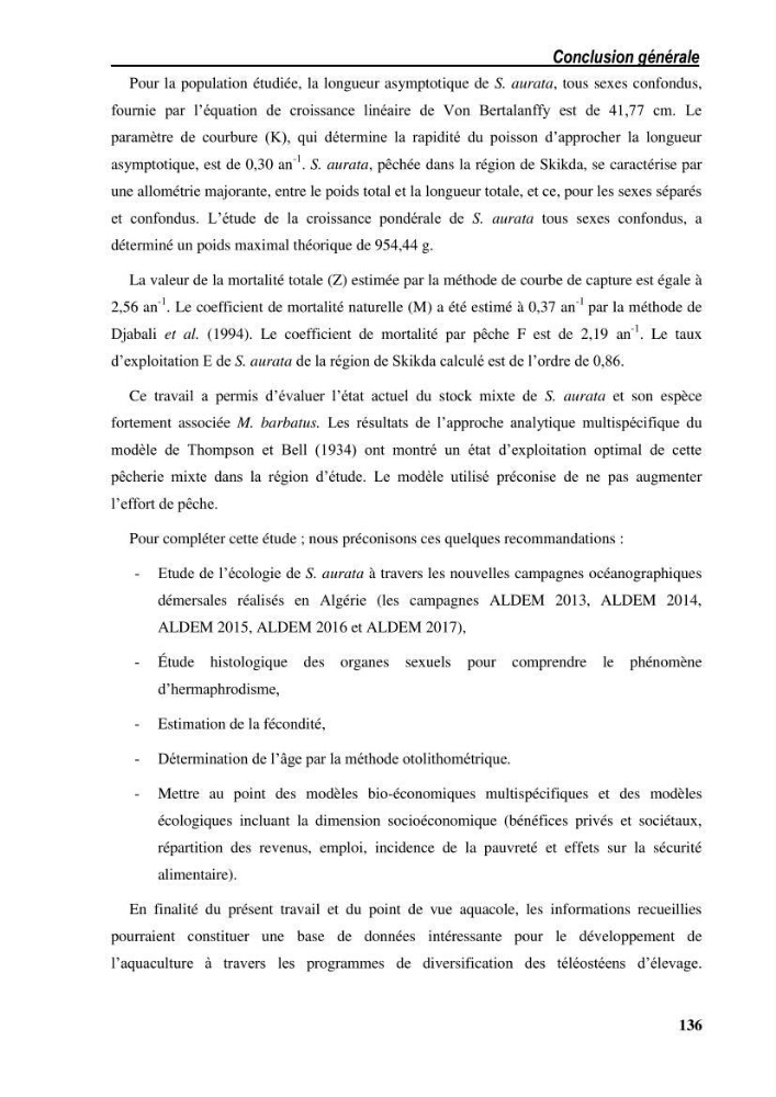 Ecologie, biologie, morphométrie et exploitation de la daurade royale Sparus aurata Linné, 1758 dans la région de SKIKDA.
