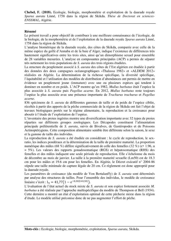 Ecologie, biologie, morphométrie et exploitation de la daurade royale Sparus aurata Linné, 1758 dans la région de SKIKDA.