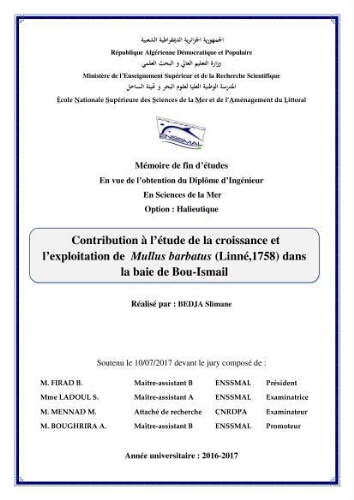 Contribution à l’étude de la croissance et l'exploitation de Mullusbarbatus (Linné,1758) dans la baie de Bou-Ismail: Contribution à l’étude de la croissance et l'exploitation de Mullusbarbatus (Linné,1758) dans la baie de Bou-Ismail: