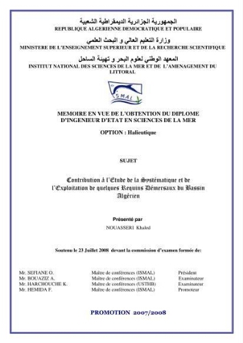 Contribution à l'étude de la systématique et de l'exploitation de quelques requins démersaux du bassin algérien: Contribution à l'étude de la systématique et de l'exploitation de quelques requins démersaux du bassin algérien: