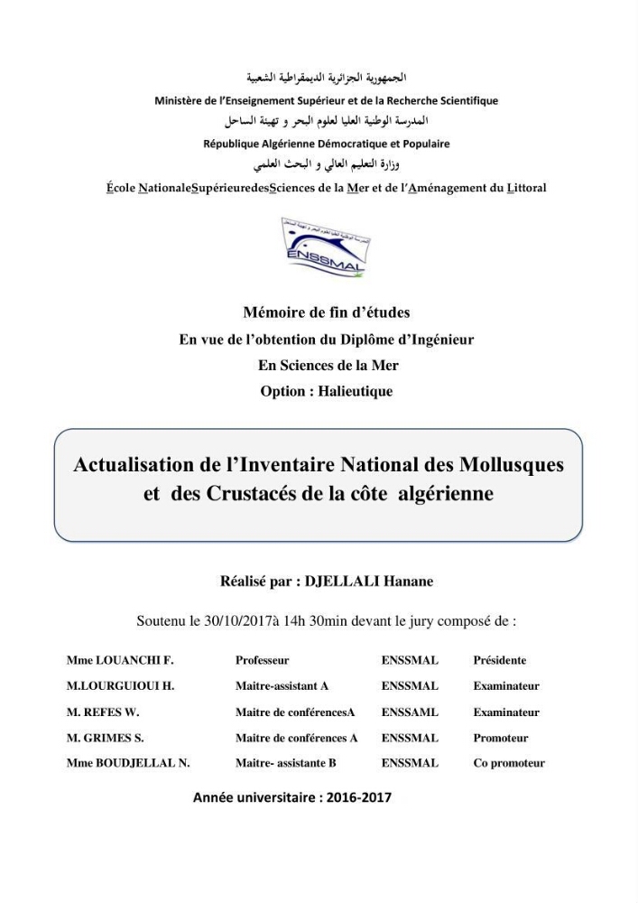 Actualisation de l’Inventaire National des Mollusques et des Crustacés de la côte algérienne