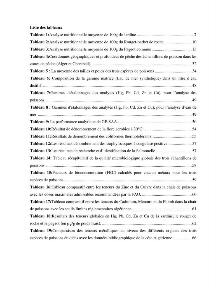 Estimation de la teneur en mercure, métaux lourds et qualitémicrobiologique de quelques espèces de poissons dans la région Algéroise, effets potentiels santé-environnement.