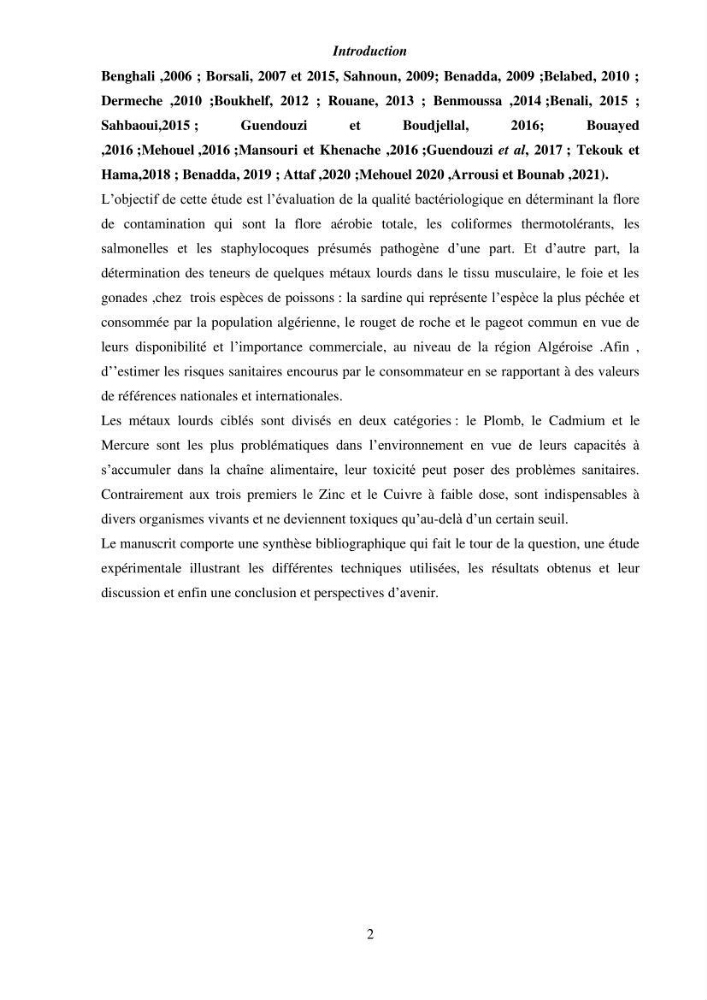 Estimation de la teneur en mercure, métaux lourds et qualitémicrobiologique de quelques espèces de poissons dans la région Algéroise, effets potentiels santé-environnement.