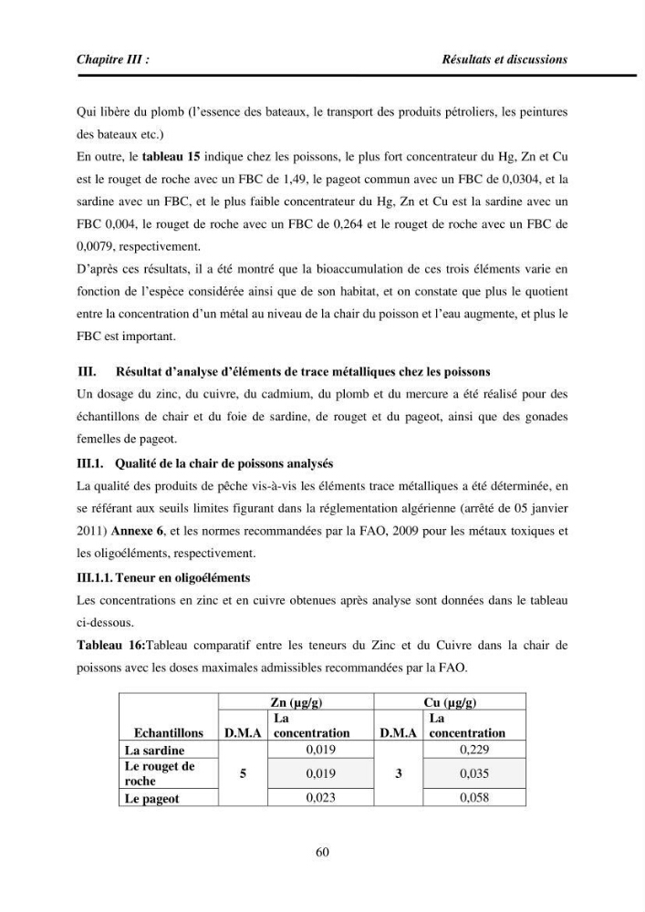 Estimation de la teneur en mercure, métaux lourds et qualitémicrobiologique de quelques espèces de poissons dans la région Algéroise, effets potentiels santé-environnement.