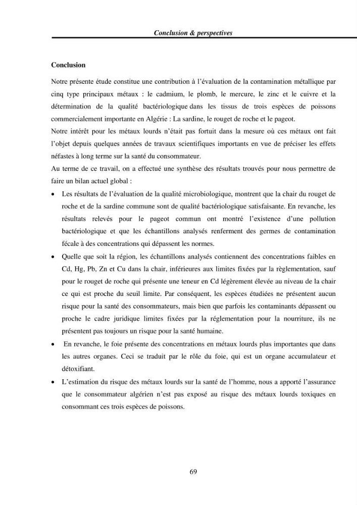 Estimation de la teneur en mercure, métaux lourds et qualitémicrobiologique de quelques espèces de poissons dans la région Algéroise, effets potentiels santé-environnement.