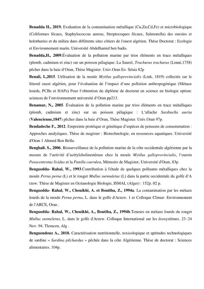 Estimation de la teneur en mercure, métaux lourds et qualitémicrobiologique de quelques espèces de poissons dans la région Algéroise, effets potentiels santé-environnement.