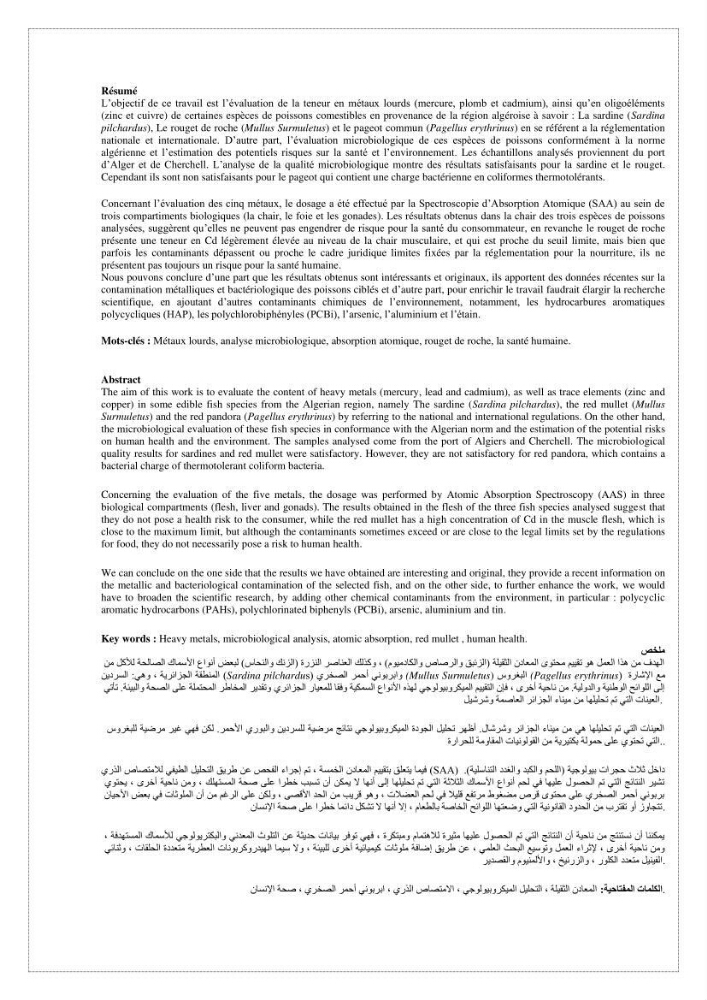 Estimation de la teneur en mercure, métaux lourds et qualitémicrobiologique de quelques espèces de poissons dans la région Algéroise, effets potentiels santé-environnement.