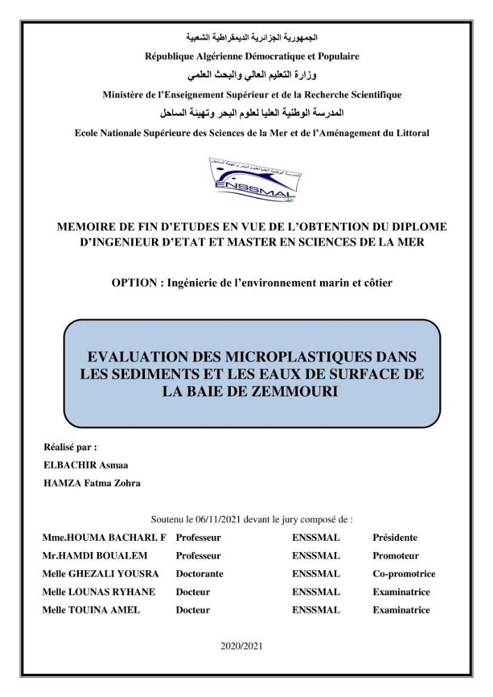 Evaluation des microplastiques dans les sédiments et les eaux de surface de la baie de Zemmouri