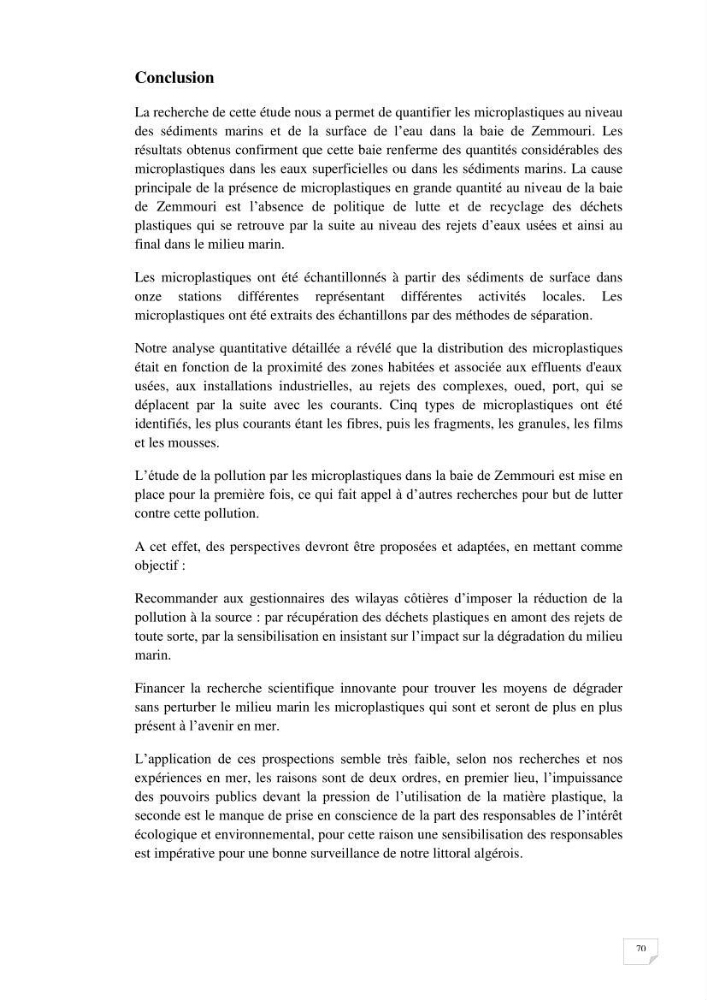 Evaluation des microplastiques dans les sédiments et les eaux de surface de la baie de Zemmouri