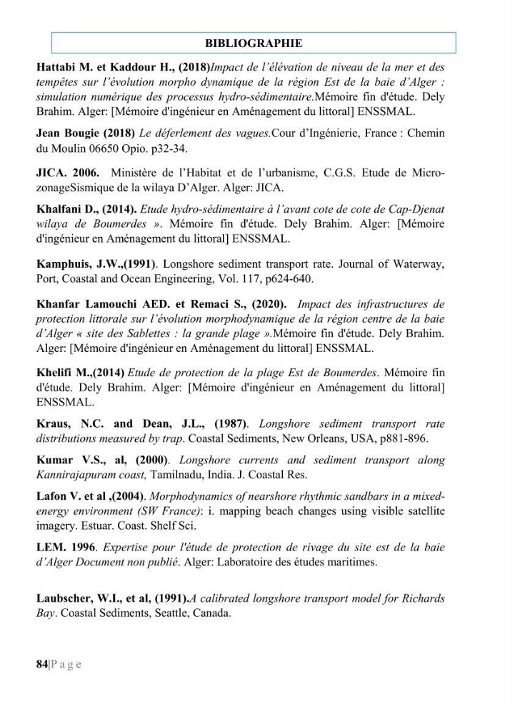 Quantification de transit sédimentaire longitudinal de la région Est de la Baie d’Alger: Cas d’étude : les plages sableuses de la commune de Bordj-El-Bahri