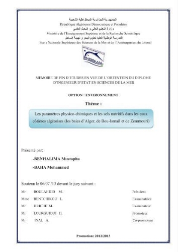 Les paramètres phtsico-chimiques et les sels nutritifs dans les eaux côtières algéroises (les baies d'Alger, de Bou-Ismail et de Zemmouri): Les paramètres phtsico-chimiques et les sels nutritifs dans les eaux côtières algéroises (les baies d'Alger, de Bou-Ismail et de Zemmouri):