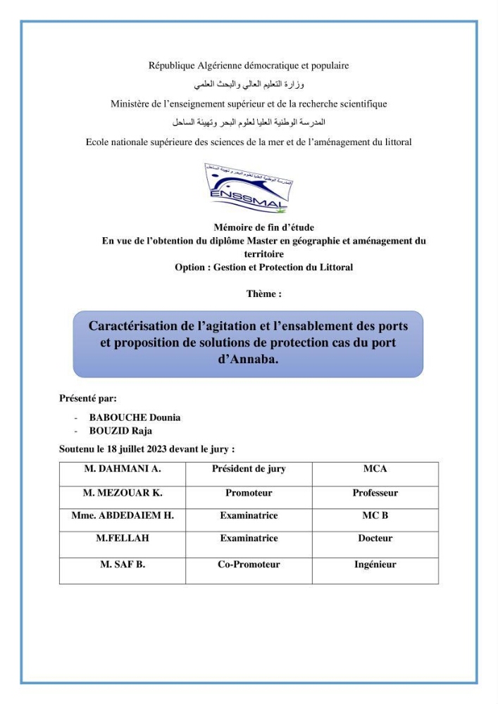 Caractérisation de l’agitation et l’ensablement des ports et proposition de solutions de protection cas du port d’Annaba