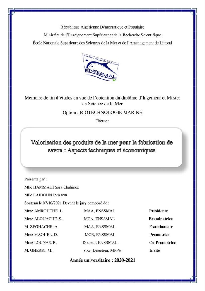 Valorisation des produits de la mer pour la fabriction de savon: Aspects techniqueset économiques
