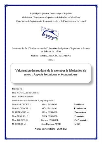 Valorisation des produits de la mer pour la fabriction de savon: Aspects techniqueset économiques Valorisation des produits de la mer pour la fabriction de savon: Aspects techniqueset économiques