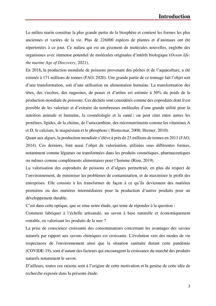 Valorisation des produits de la mer pour la fabriction de savon: Aspects techniqueset économiques