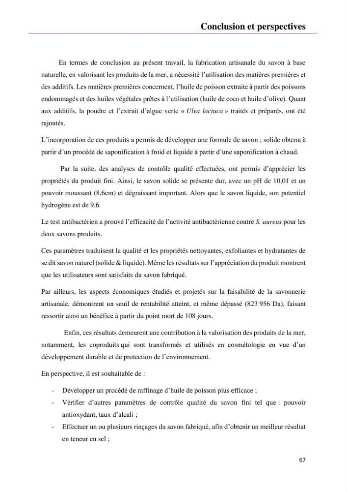 Valorisation des produits de la mer pour la fabriction de savon: Aspects techniqueset économiques