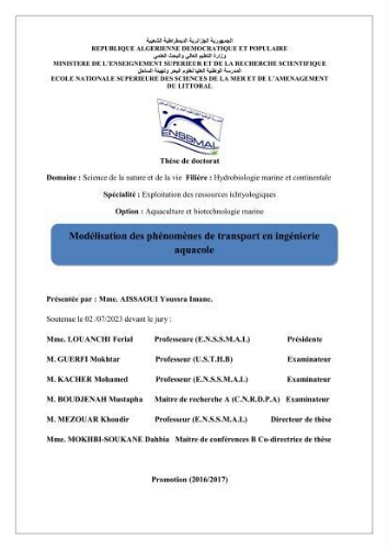 Modélisation des phénomènes de transport en ingénierie aquacole Modélisation des phénomènes de transport en ingénierie aquacole