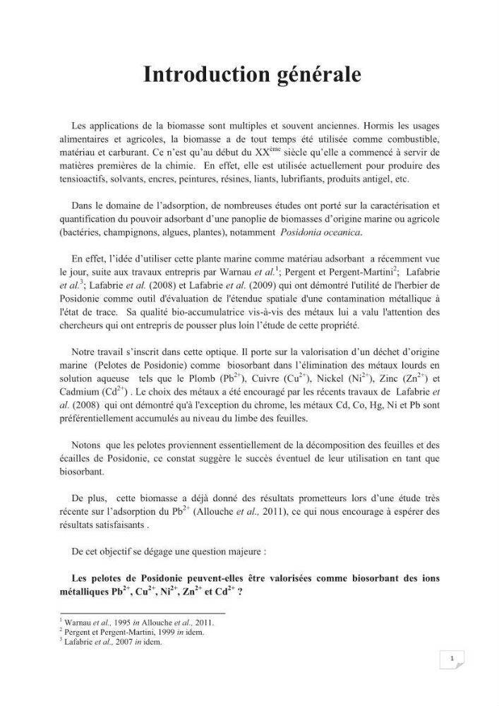 Etude de la valorisation d\'une biomasse marine, posidonia oceanica, en tant que biosorbant des ions métalliques Pb ²+, Cu ²+, Ni ²+, Zn ²+ et Cd ²+