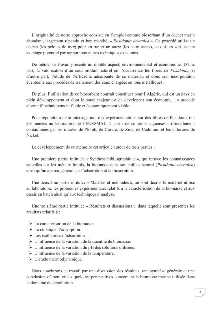 Etude de la valorisation d\'une biomasse marine, posidonia oceanica, en tant que biosorbant des ions métalliques Pb ²+, Cu ²+, Ni ²+, Zn ²+ et Cd ²+