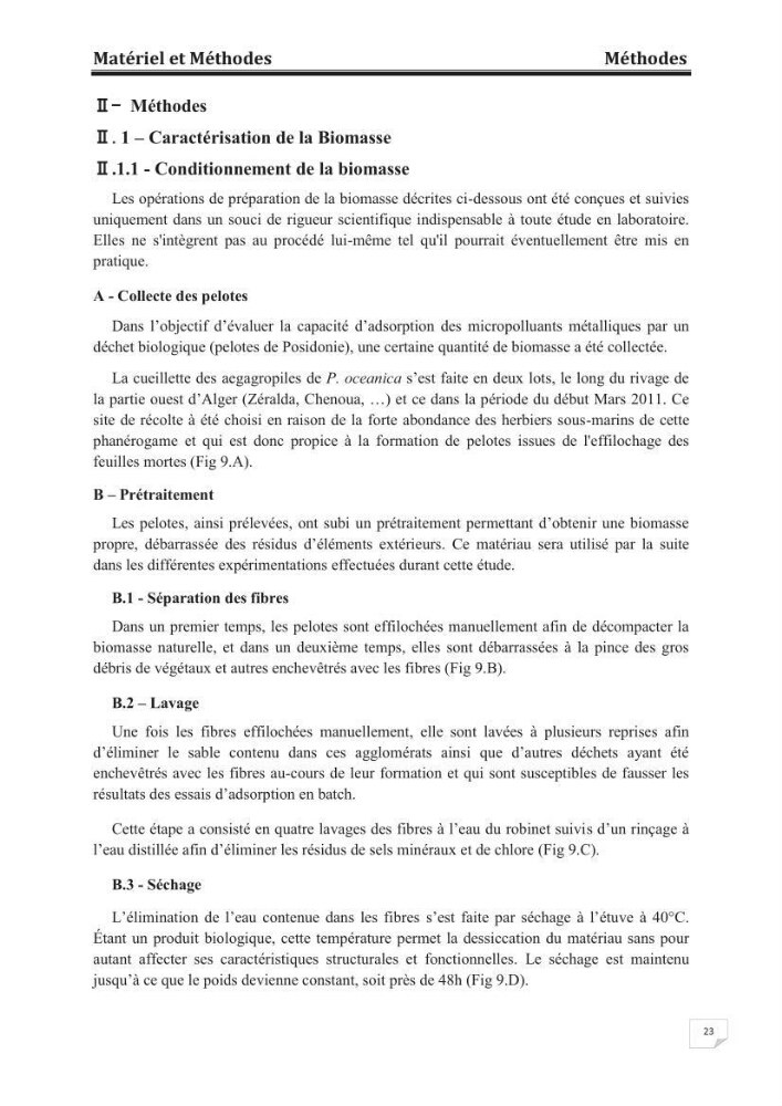 Etude de la valorisation d\'une biomasse marine, posidonia oceanica, en tant que biosorbant des ions métalliques Pb ²+, Cu ²+, Ni ²+, Zn ²+ et Cd ²+