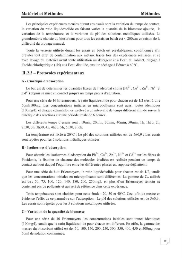 Etude de la valorisation d\'une biomasse marine, posidonia oceanica, en tant que biosorbant des ions métalliques Pb ²+, Cu ²+, Ni ²+, Zn ²+ et Cd ²+