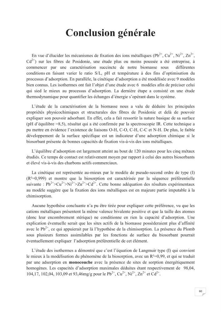 Etude de la valorisation d\'une biomasse marine, posidonia oceanica, en tant que biosorbant des ions métalliques Pb ²+, Cu ²+, Ni ²+, Zn ²+ et Cd ²+