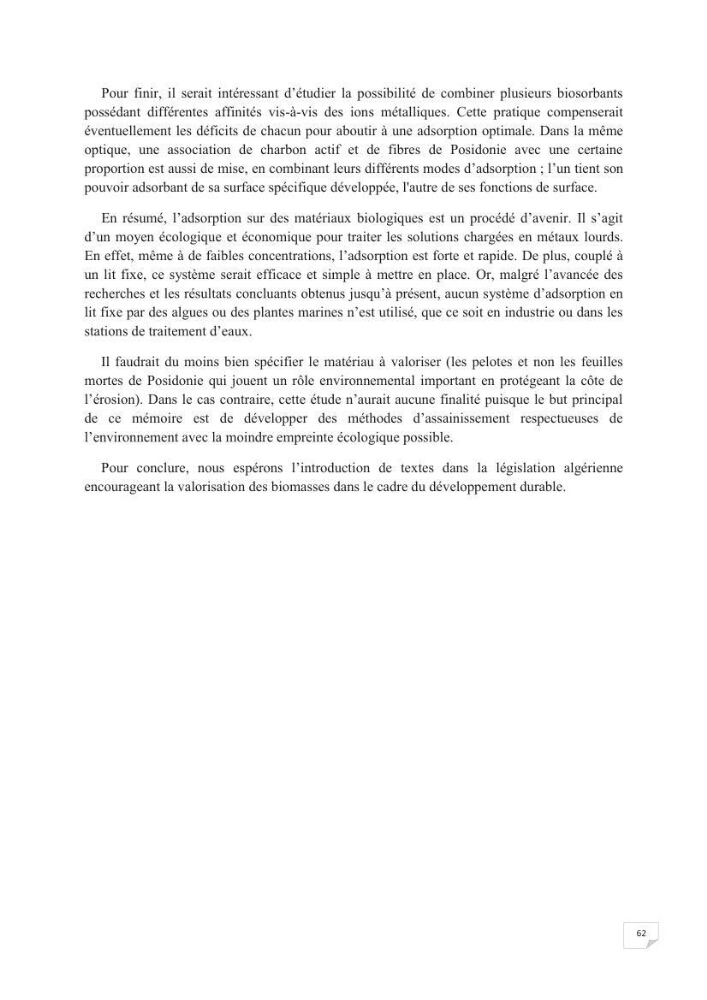 Etude de la valorisation d\'une biomasse marine, posidonia oceanica, en tant que biosorbant des ions métalliques Pb ²+, Cu ²+, Ni ²+, Zn ²+ et Cd ²+