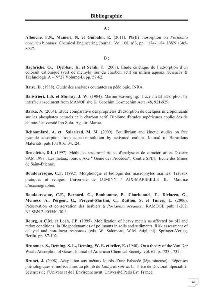 Etude de la valorisation d\'une biomasse marine, posidonia oceanica, en tant que biosorbant des ions métalliques Pb ²+, Cu ²+, Ni ²+, Zn ²+ et Cd ²+