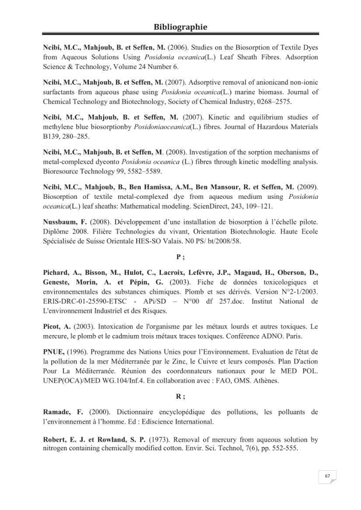 Etude de la valorisation d\'une biomasse marine, posidonia oceanica, en tant que biosorbant des ions métalliques Pb ²+, Cu ²+, Ni ²+, Zn ²+ et Cd ²+