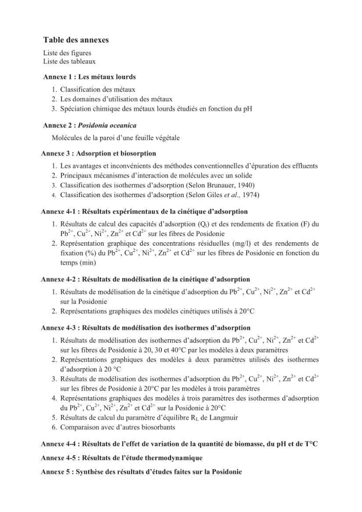 Etude de la valorisation d\'une biomasse marine, posidonia oceanica, en tant que biosorbant des ions métalliques Pb ²+, Cu ²+, Ni ²+, Zn ²+ et Cd ²+