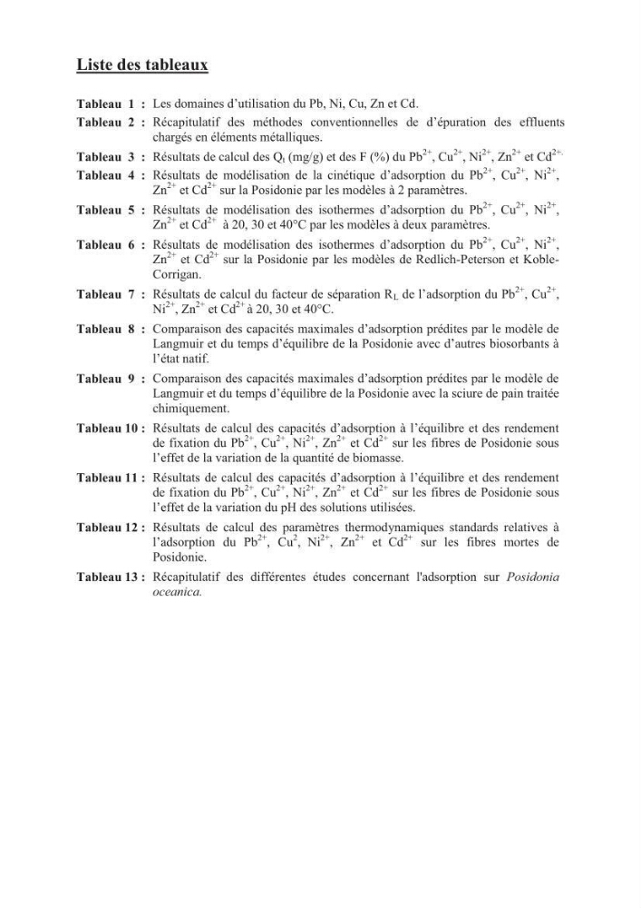 Etude de la valorisation d\'une biomasse marine, posidonia oceanica, en tant que biosorbant des ions métalliques Pb ²+, Cu ²+, Ni ²+, Zn ²+ et Cd ²+