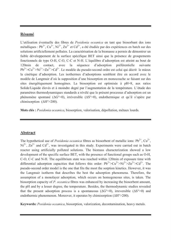Etude de la valorisation d\'une biomasse marine, posidonia oceanica, en tant que biosorbant des ions métalliques Pb ²+, Cu ²+, Ni ²+, Zn ²+ et Cd ²+