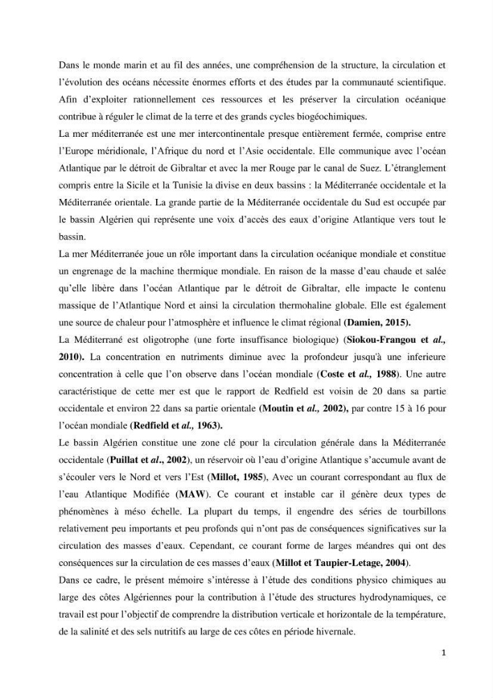 Les conditions physico chimiques au large des côtes algériennes: contribution à l’étude des structures hydrodynamiques