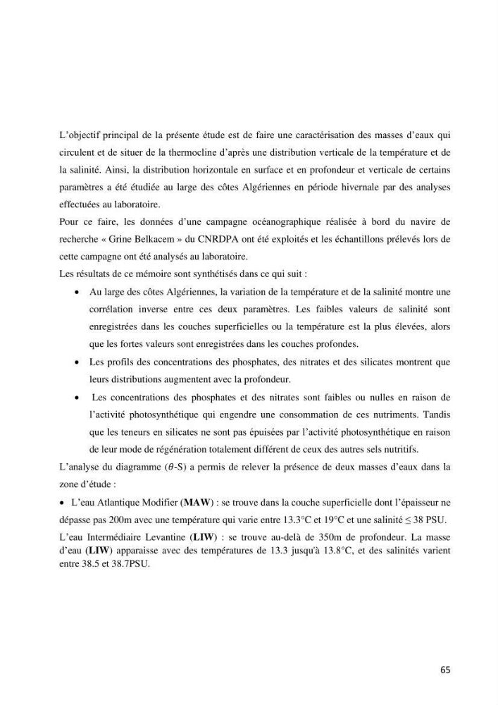 Les conditions physico chimiques au large des côtes algériennes: contribution à l’étude des structures hydrodynamiques