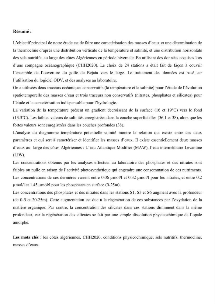 Les conditions physico chimiques au large des côtes algériennes: contribution à l’étude des structures hydrodynamiques