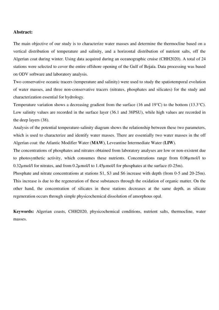 Les conditions physico chimiques au large des côtes algériennes: contribution à l’étude des structures hydrodynamiques