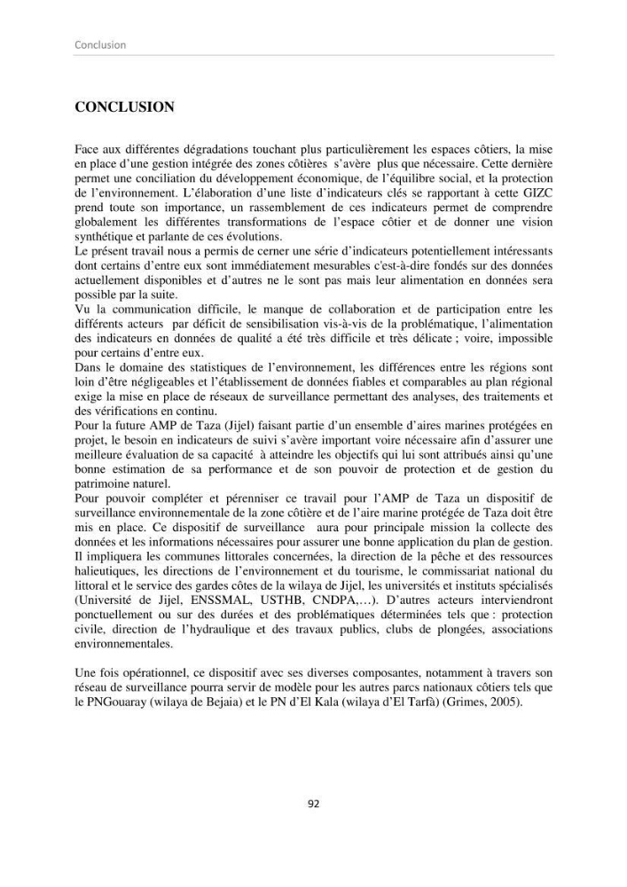 Proposition d\'indicateurs de suivi de l\'aire marine de Taza (wilaya de Jijel)