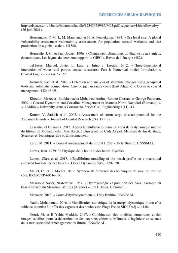Etude et estimation des terres à risque par la submersion marine dans la région Ouest d’Alger
