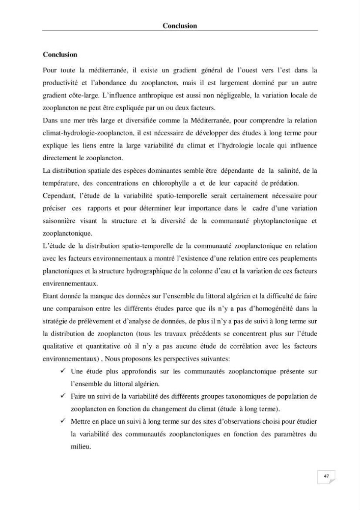 Impact des conditions du milieu sur la distribution des populations zooplanctoniques (bassin Algérien et mer Méditerranée