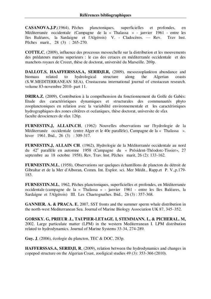 Impact des conditions du milieu sur la distribution des populations zooplanctoniques (bassin Algérien et mer Méditerranée
