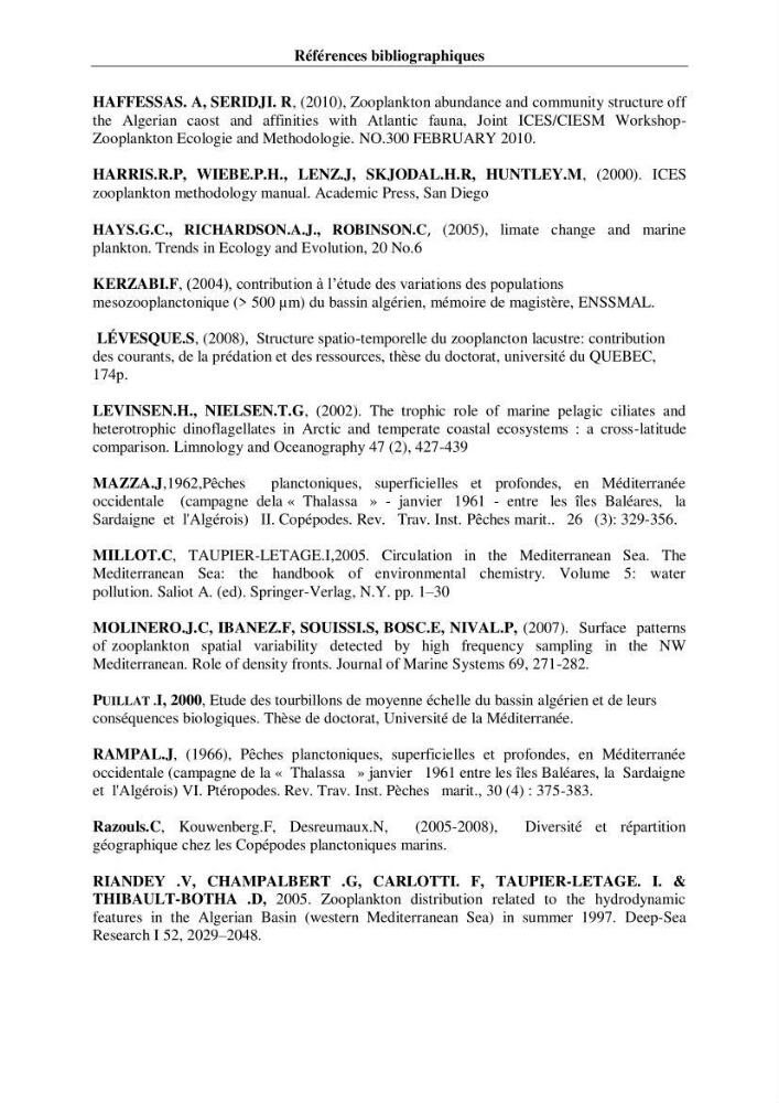 Impact des conditions du milieu sur la distribution des populations zooplanctoniques (bassin Algérien et mer Méditerranée