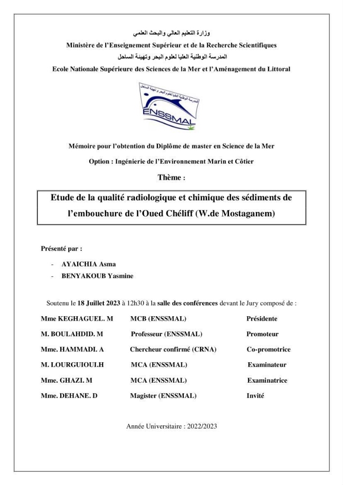 Etude de la qualité radiologique et chimique des sédiments de l’embouchure de l’Oued Chéliff (W.de Mostaganem)